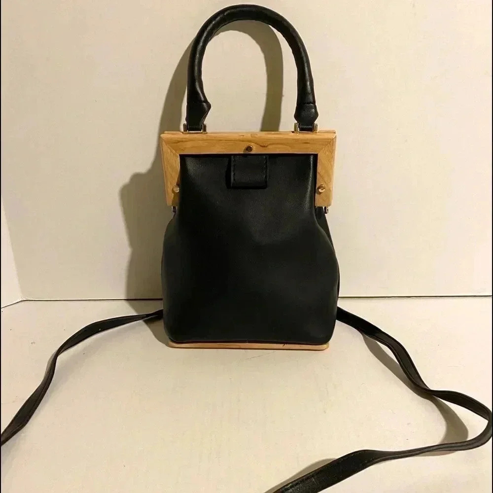Handmade black leather crossbody handbag